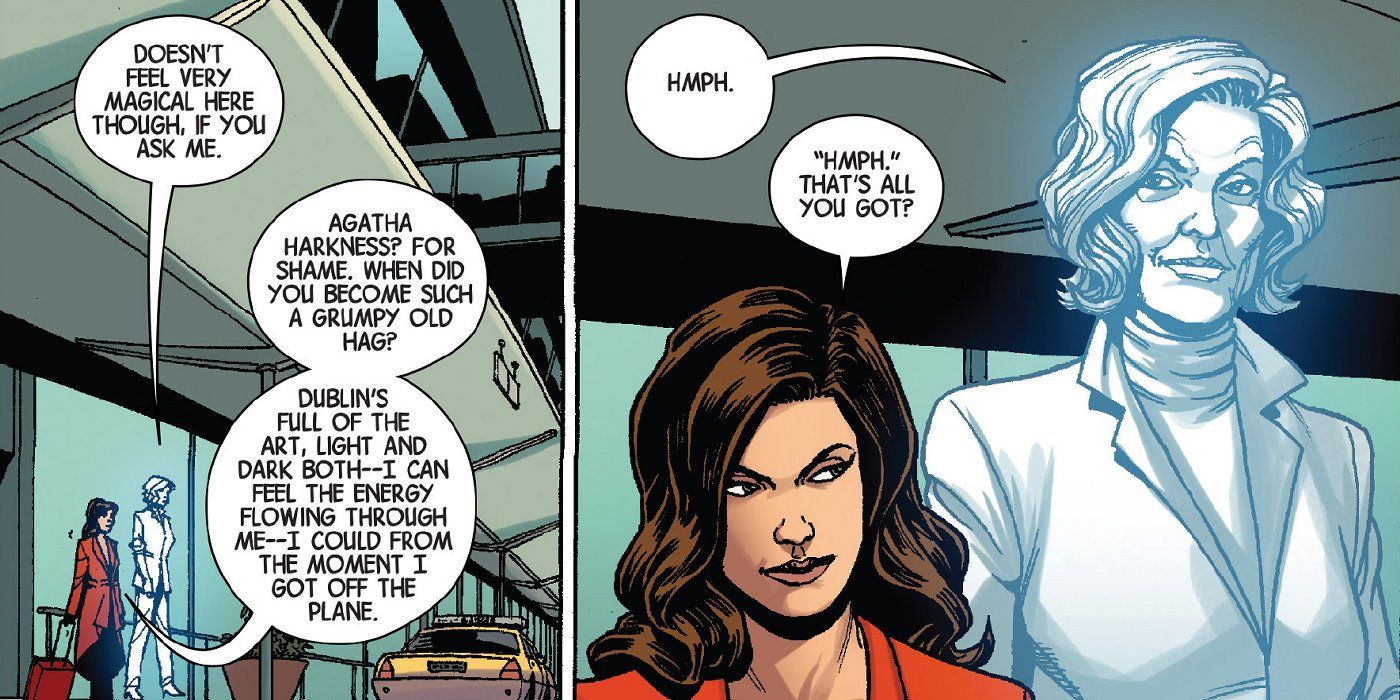 Scarlet Witch talks with the ghost of Agatha Harkness in Marvel Comics.