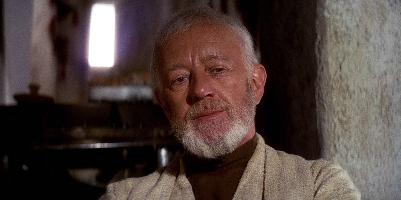 Alec Guinness como Obi-Wan Kenobi em seu esconderijo em Tatooine em Star Wars Uma Nova Esperança