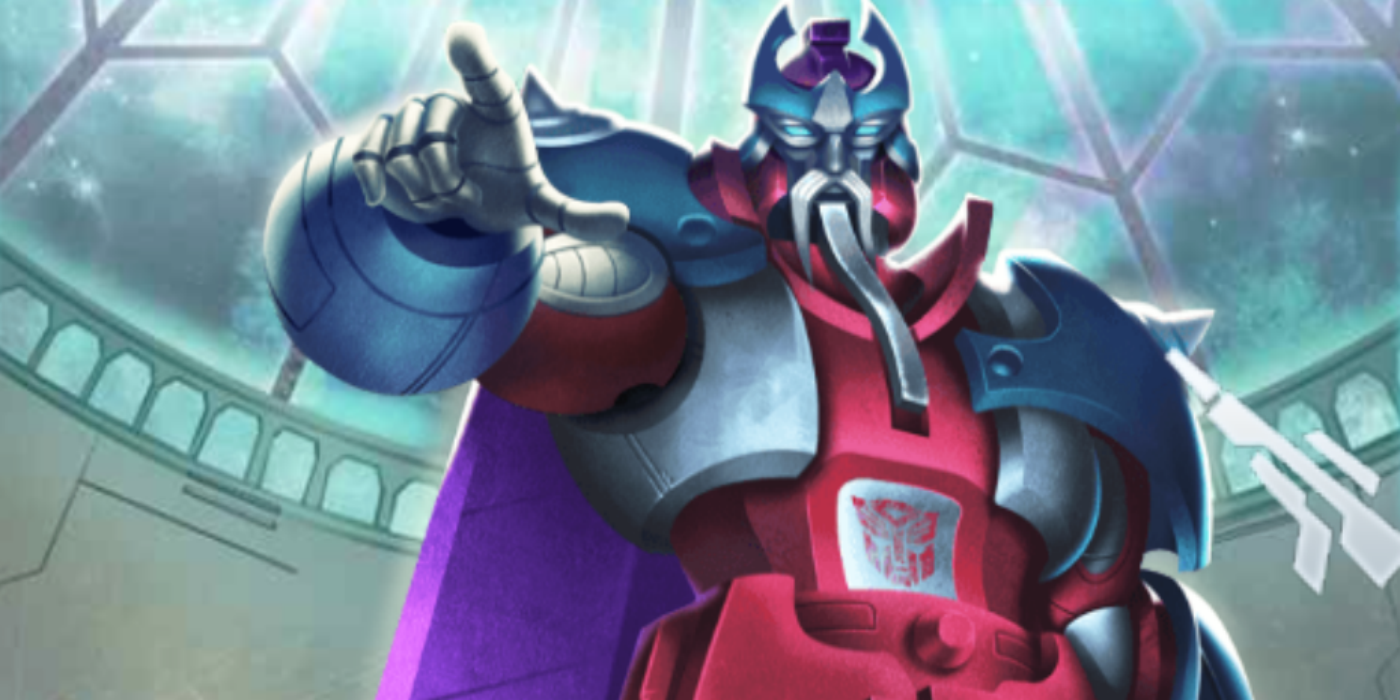 Alpha Trion raising its hand and pointing in Transformers