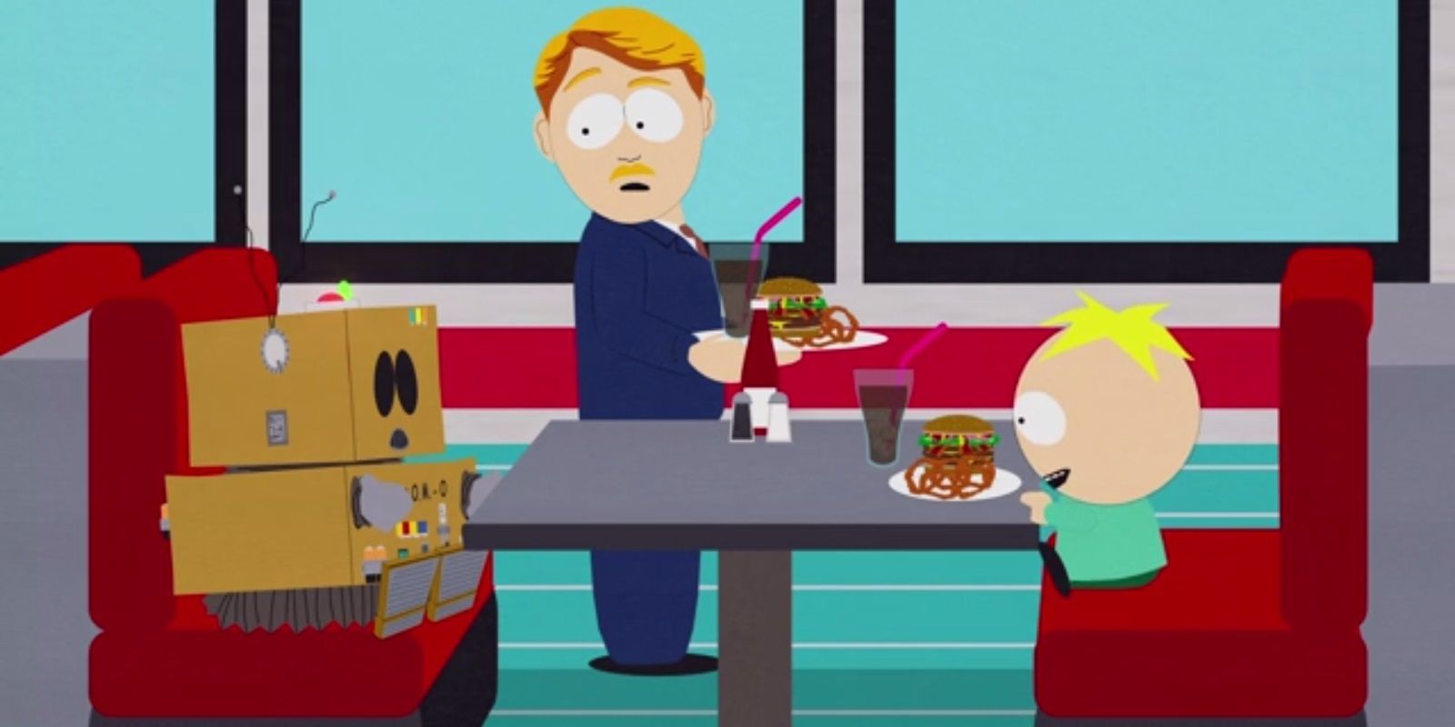 Butters eats a burger with the robot AWESOM-O in South Park
