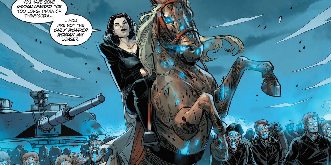 Baroness Paula Von Gunther riding a horse in DC comics.