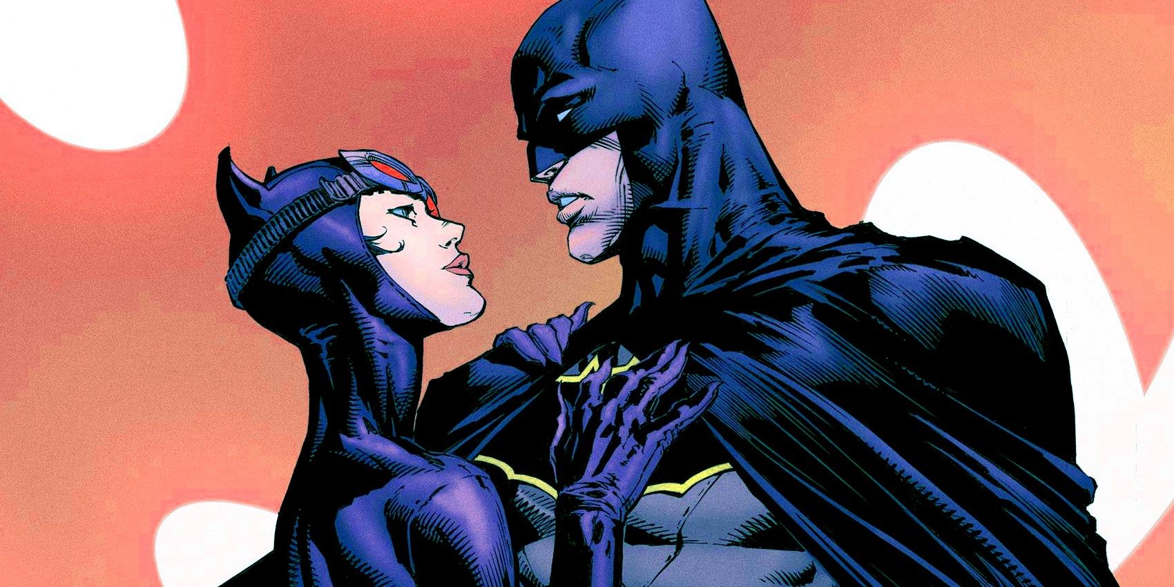 Batman e Mulher-Gato olhando um para o outro na DC Comics.