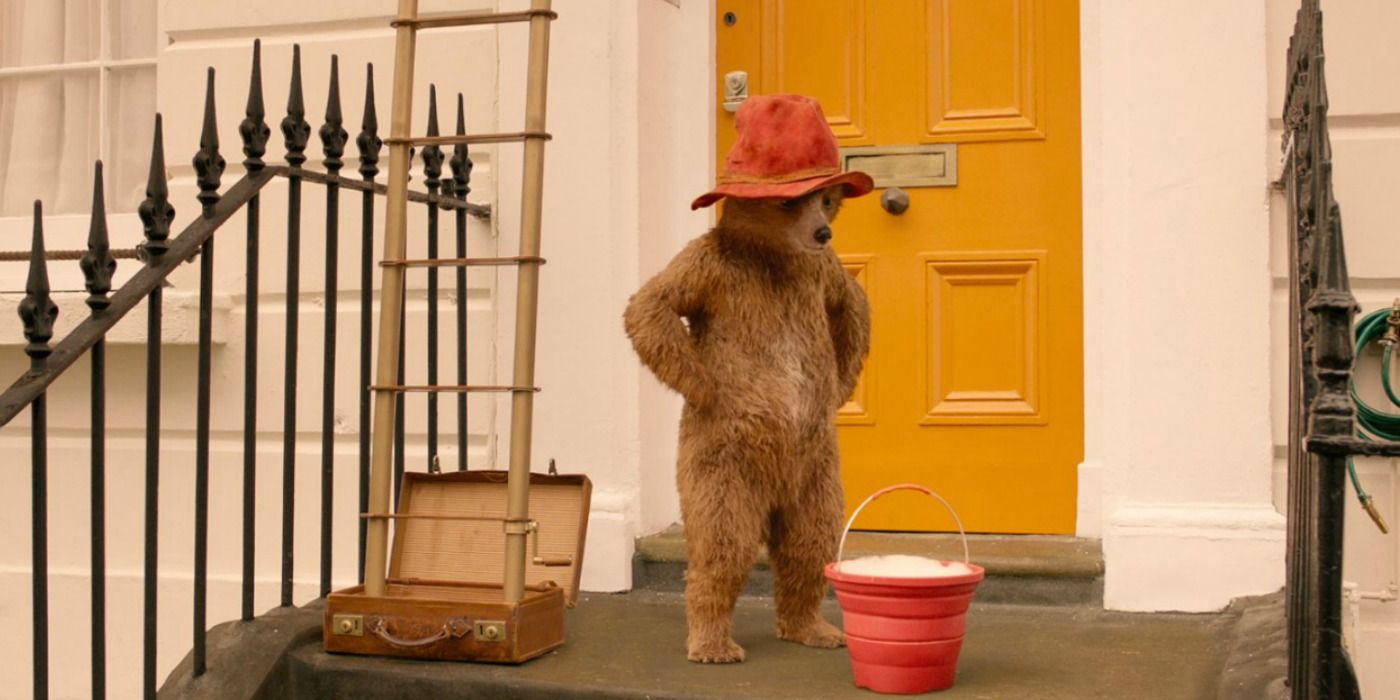 Paddington 2 stands outside a house with a ladder and a bucket of water