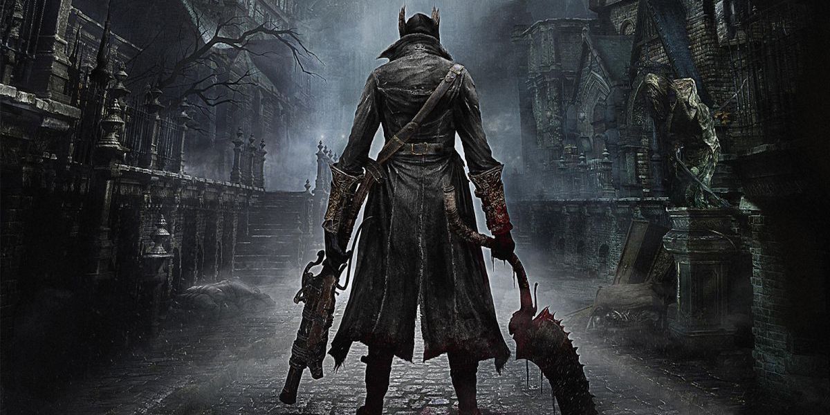 Bloodborne promo art with the Hunter facing the city of Yharnam