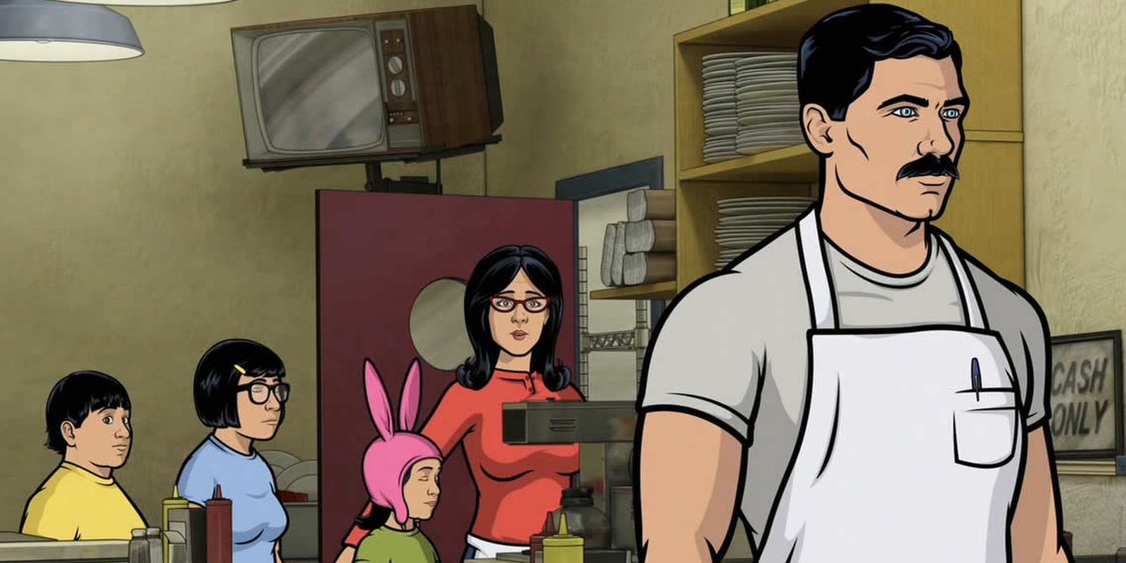An image of the Archer cast helping the Belchers with their restaurant.