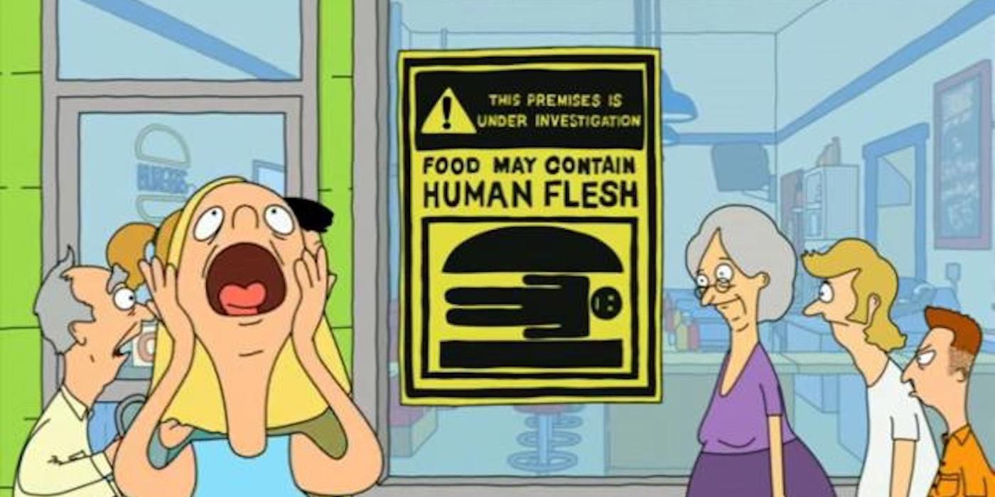 People scream due to a human flesh sign outside Bob's Burgers