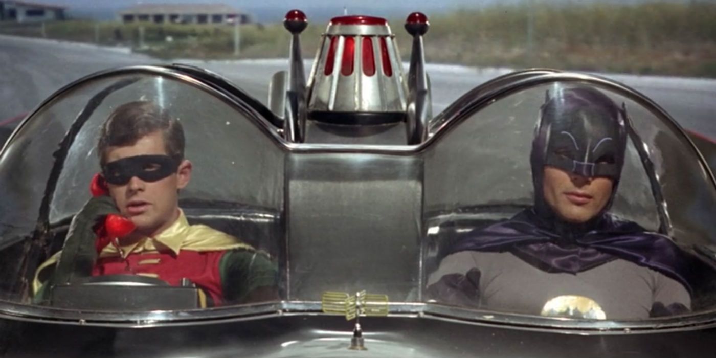 Burt Ward as Robin and Adam West as Batman in the Batmobile