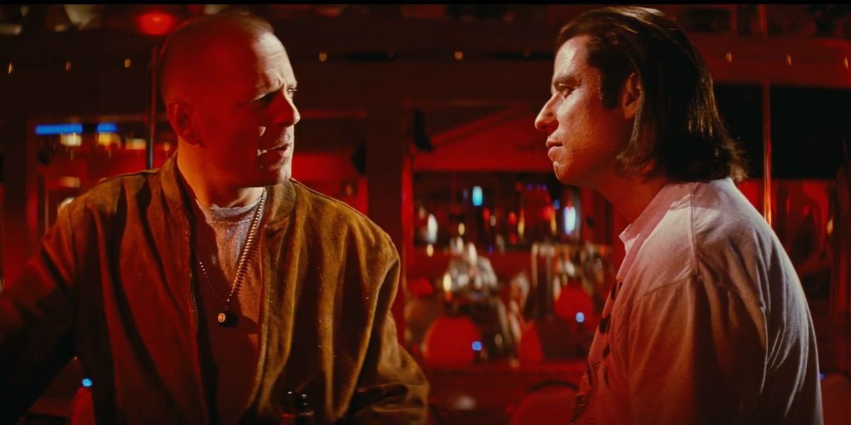 Butch and Vincent meet in a club in Pulp Fiction.