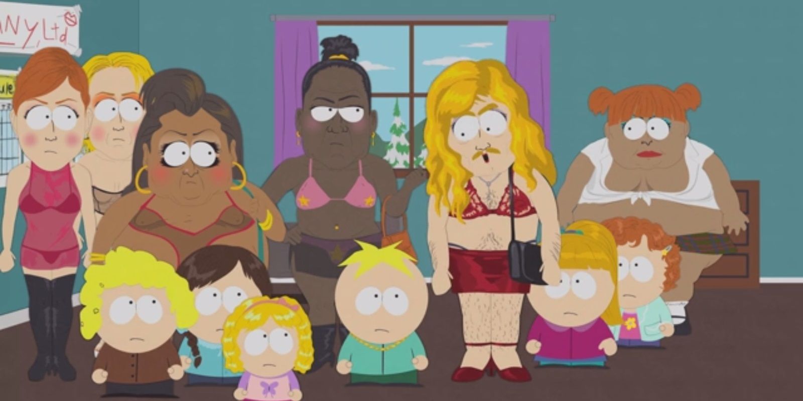 Butters surrounded by prostitutes with the Chief of Police talking to him in a disguise