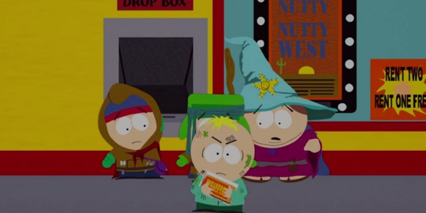 Stan, Kyle, Butters, and Cartman look angry at a video store in South Park