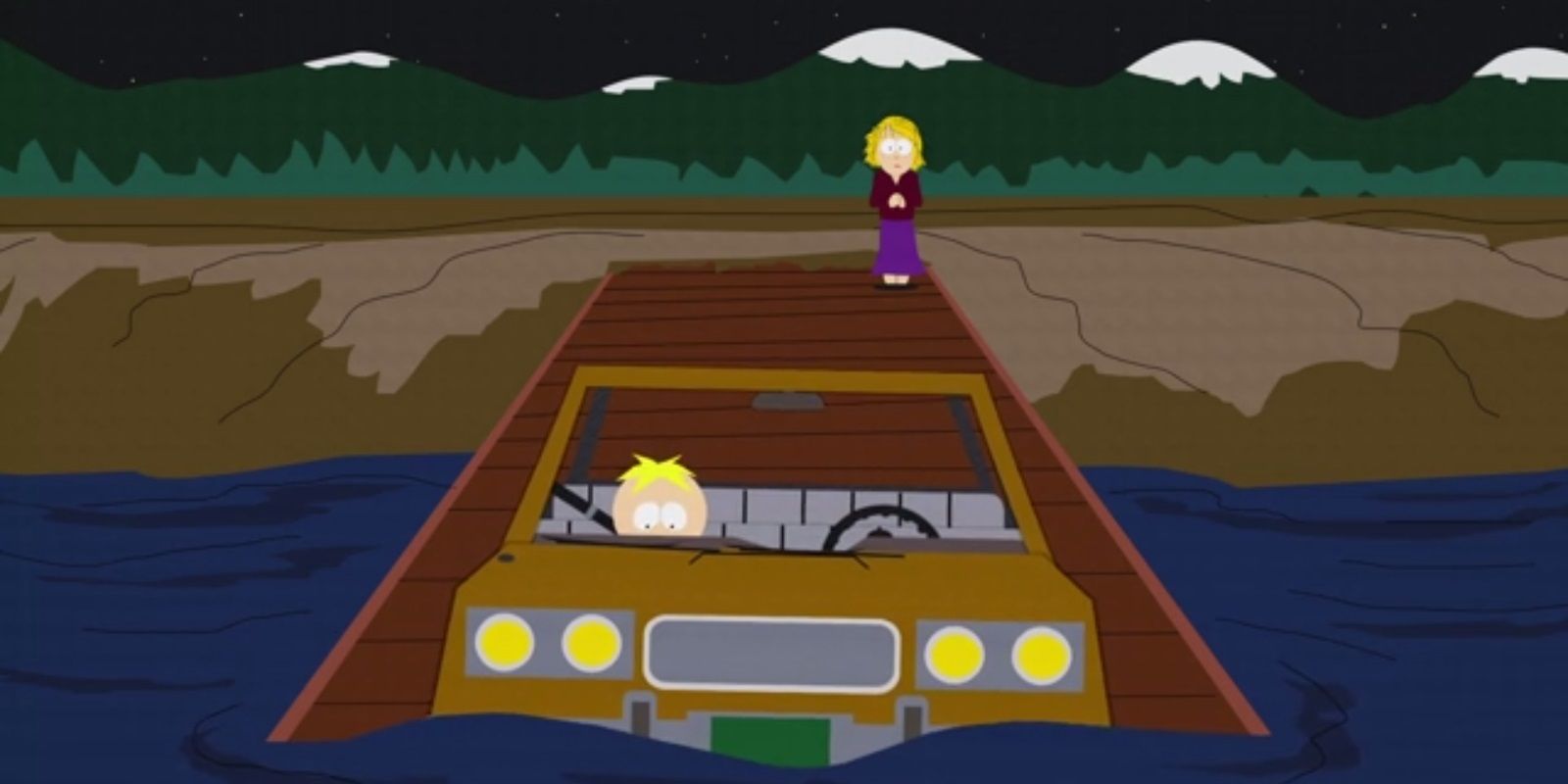 Butters in a car going into the river while his mom stands back and watches