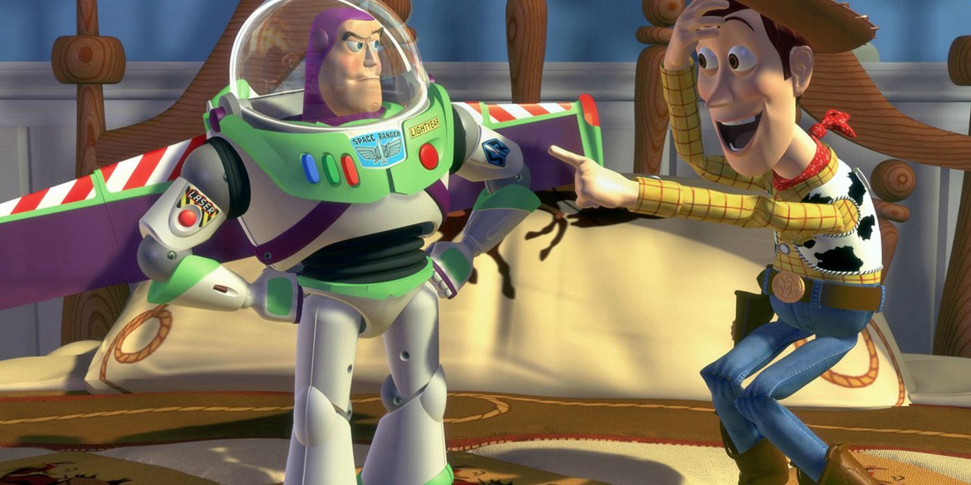 Woody laughs at Buzz Lightyear in Toy Story
