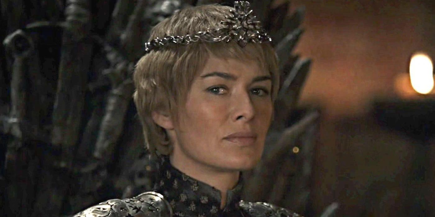 Cersei on the Iron Throne looking to her right in Game of Thrones.