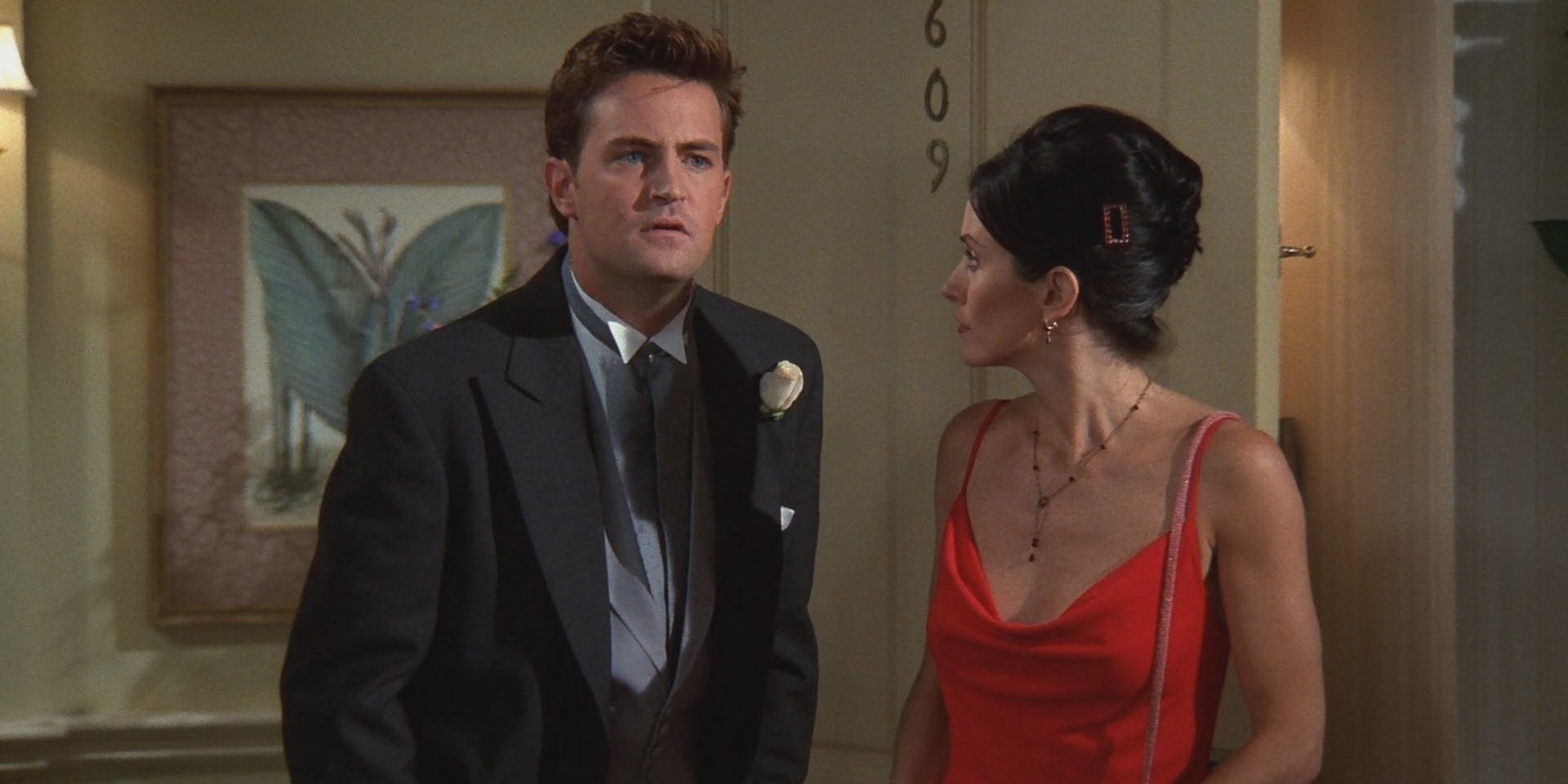 Chandler and Monica at Ross wedding in Friends