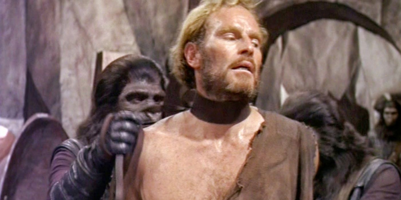 Charlton Heston as Taylor being imprisoned in Planet of the Apes