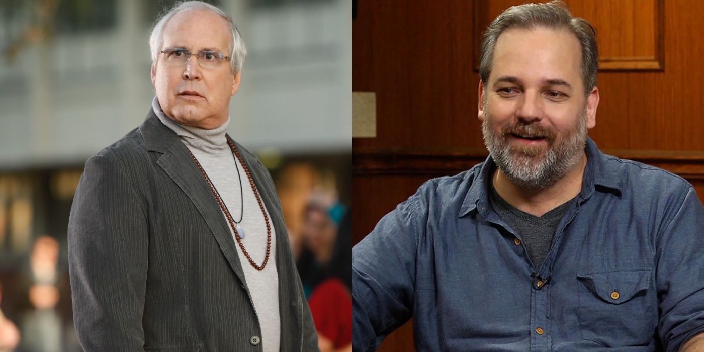 Split image of Chevy Chase and Dan Harmon