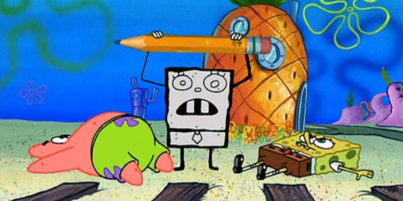 DoodleBob taking the magic pencil from SpongeBob and Patrick in Frankendoodle of SpongeBob SquarePants