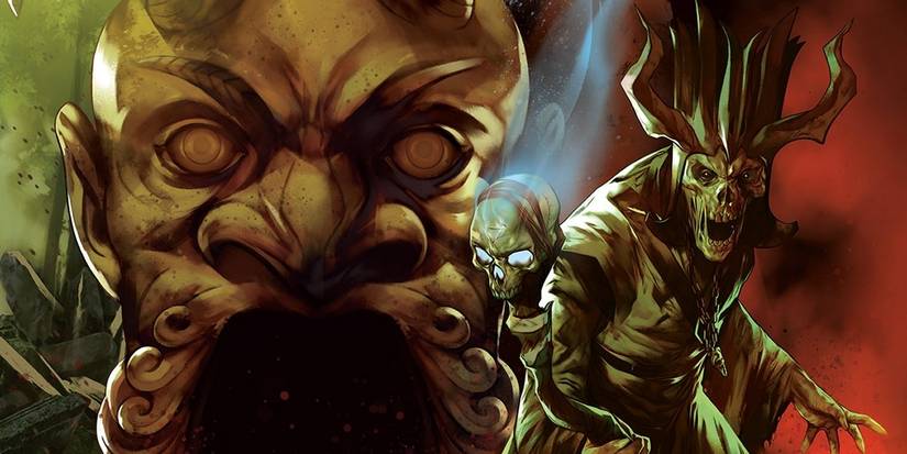 Tomb beings with terrifying opened mouth and skeletal king motif