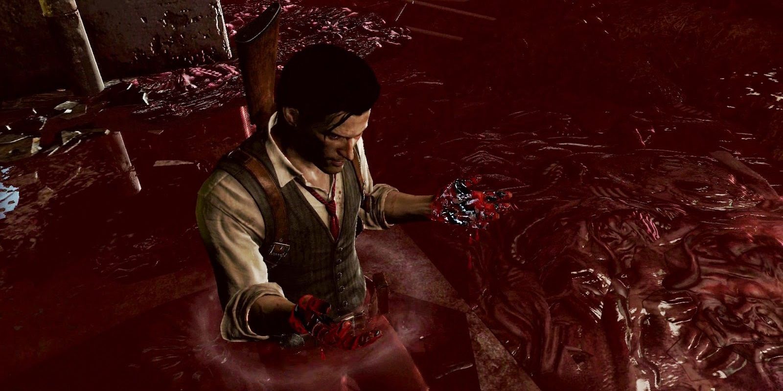 The Evil Within Blood character stands in pool of blood