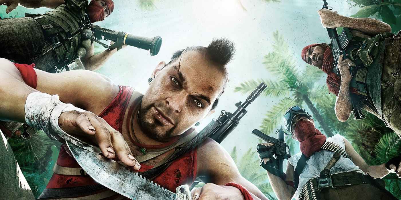 Far Cry 3 promo shot of a first person view looking up at armed characters, one brandishing a knife at close range