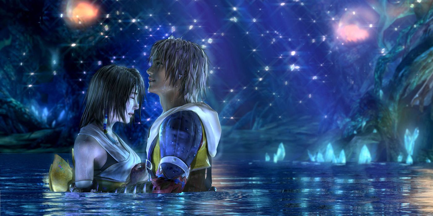Tidus and Yuna hold each other as they stand in a lake in Final Fantasy X.
