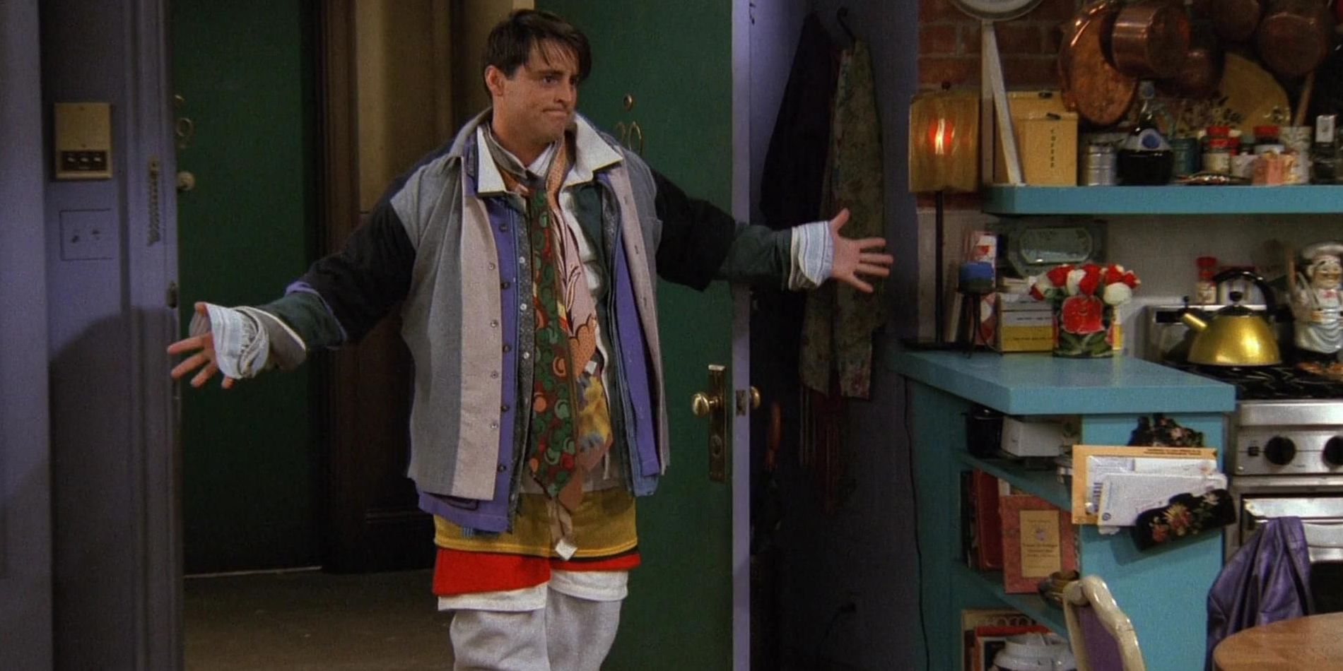 Joey wearing all of Chandler's clothes