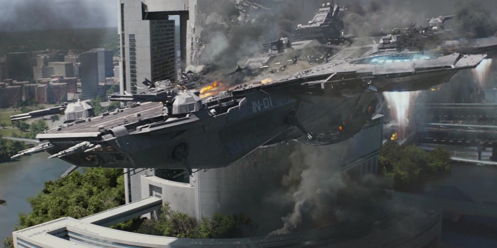 The Helicarrier crashes in Captain America: The Winter Soldier