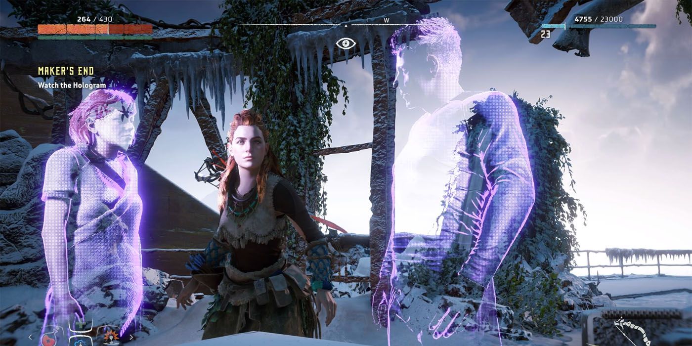A photo of Aloy standing between the holograms of Dr. Elisabet Sobeck and Ted Faro in Horizon Zero Dawn.