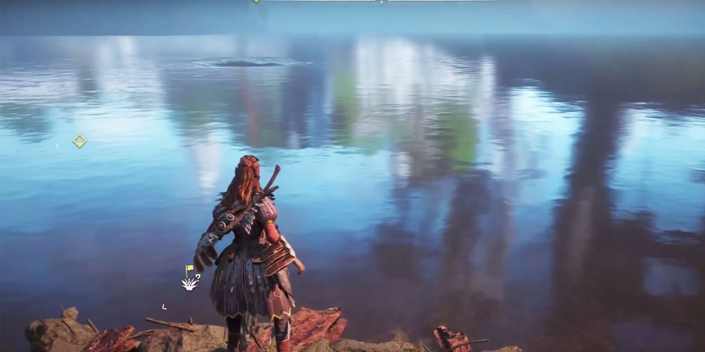 An image of Aloy standing next to a river in Horizon Zero Dawn.