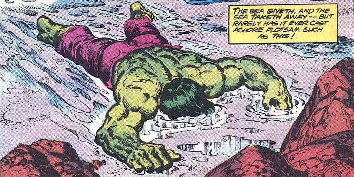 The Hulk on a beach in Marvel Comics.