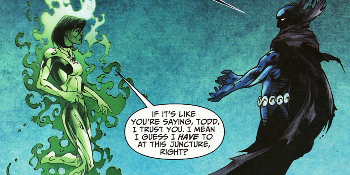 Jade and Obsidian talk while floating in the air in a panel from DC Comics.