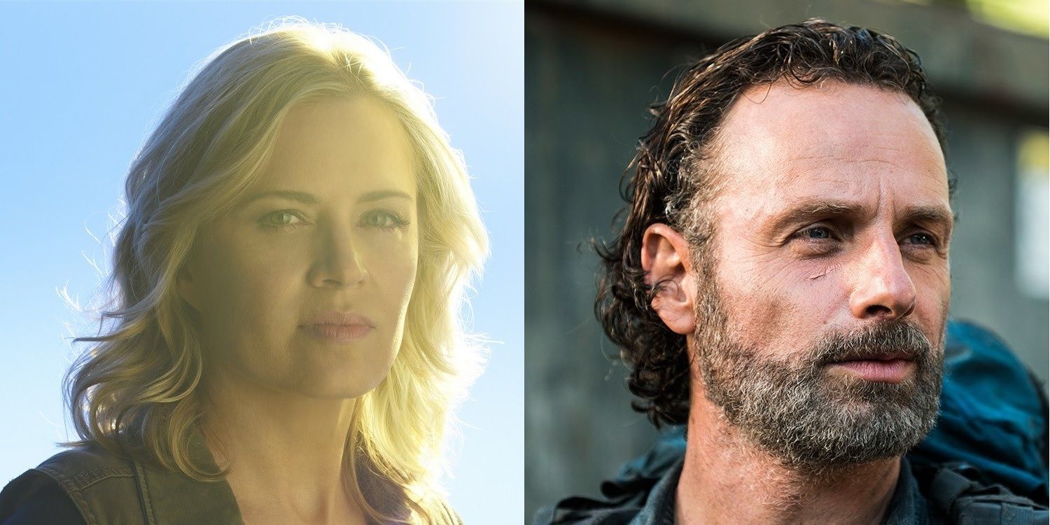 Kim Dickens as Madison Clark in Fear The Walking Dead and Andrew Lincoln as Rick in The Walking Dead