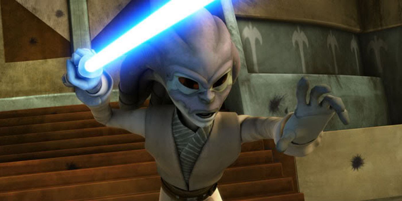 Jedi Padawan Knox raised his blue lightsaber and charges in Star Wars: The Clone Wars season 3.