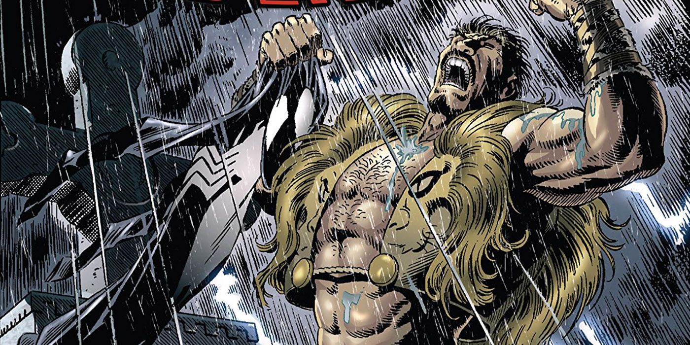 Kraven the Hunter holding the black Spider-Man suit in the rain in Marvel Comics.