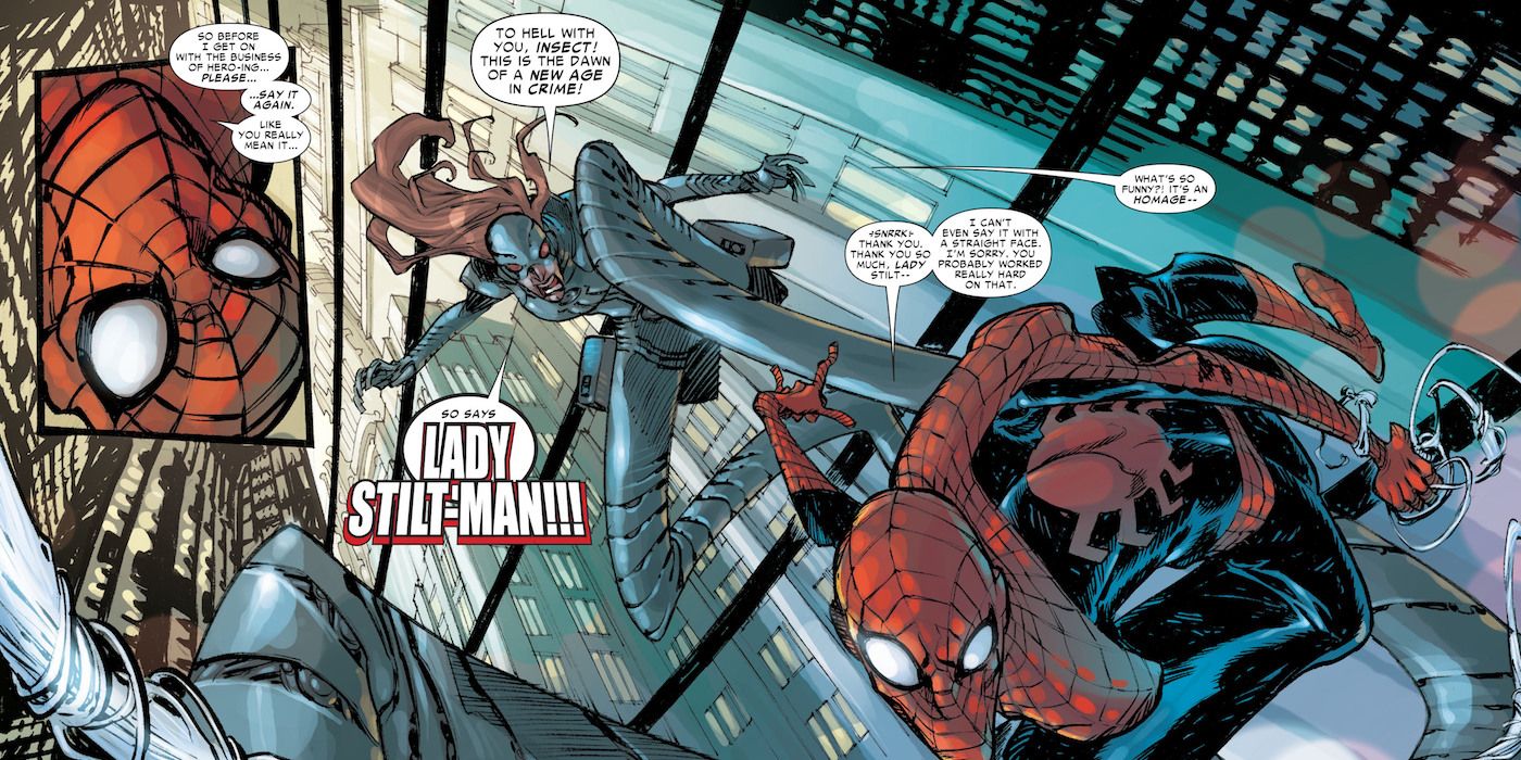 Lady Stilt-Man fights Spider-Man 