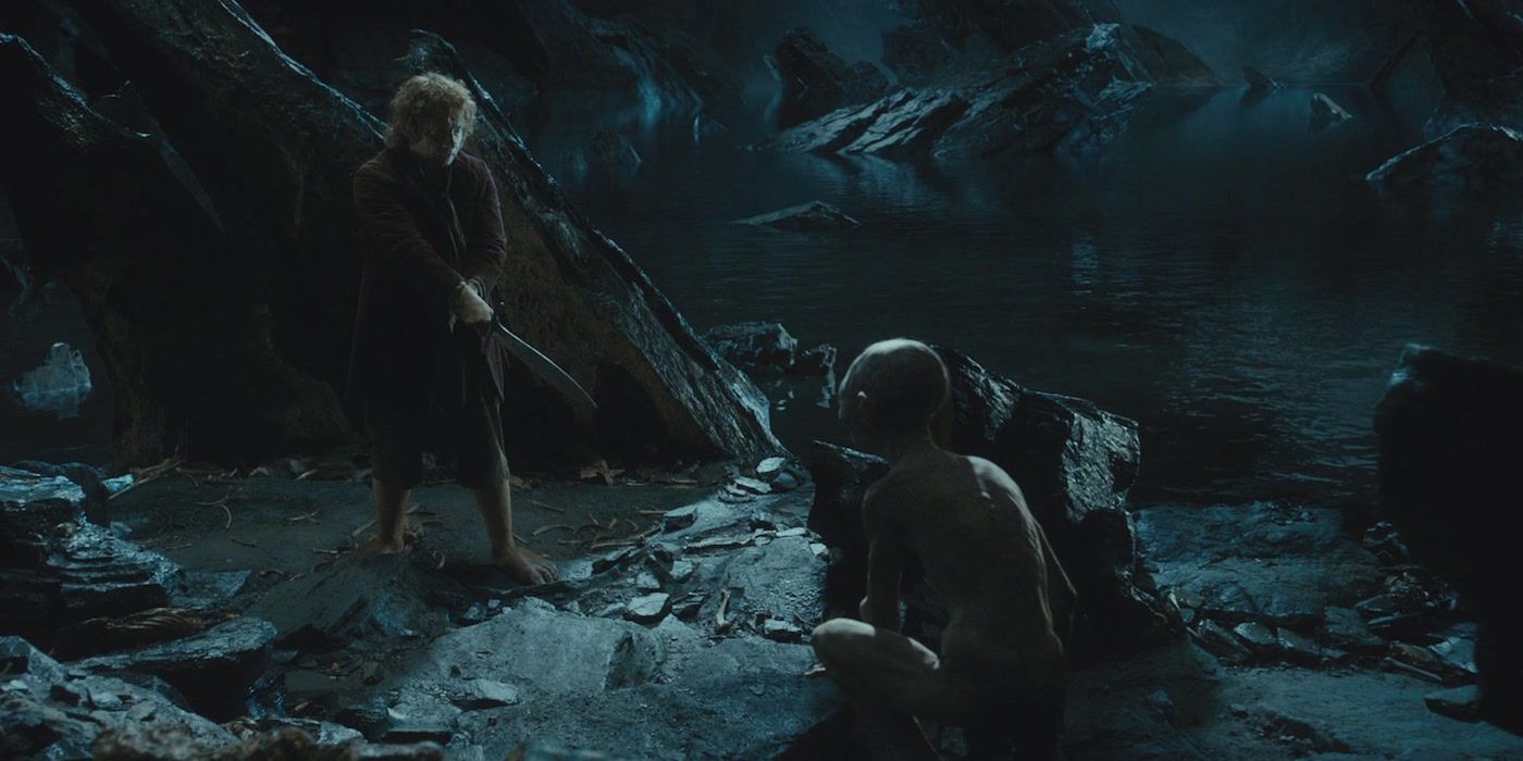 Bilbo meets Gollum in the goblin mountain in The Hobbit