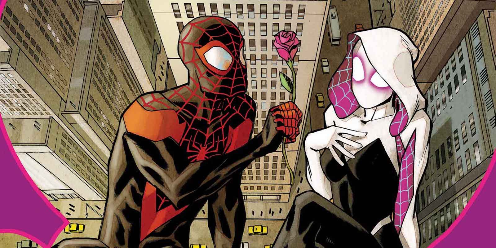 Miles Morales gives a rose to Spider-Gwen in Marvel comics