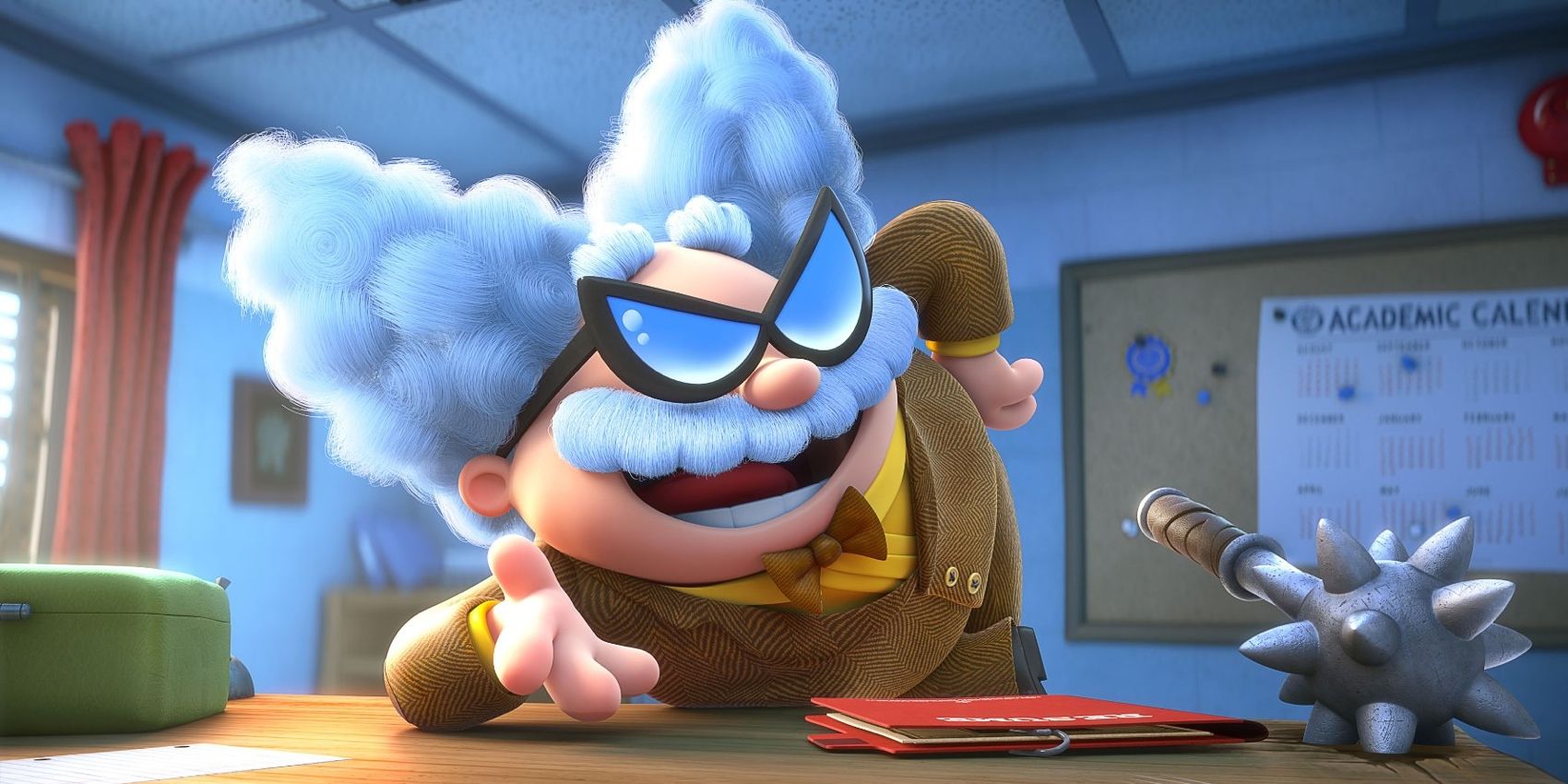 Professor Poopypants leaning over a desk in Captain Underpants.