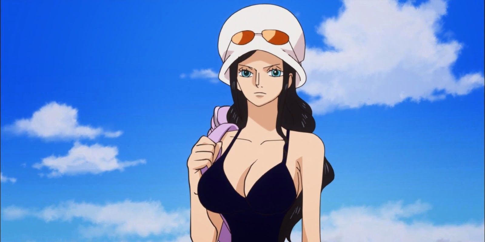Nico Robin in a bikini looking serious in One Piece