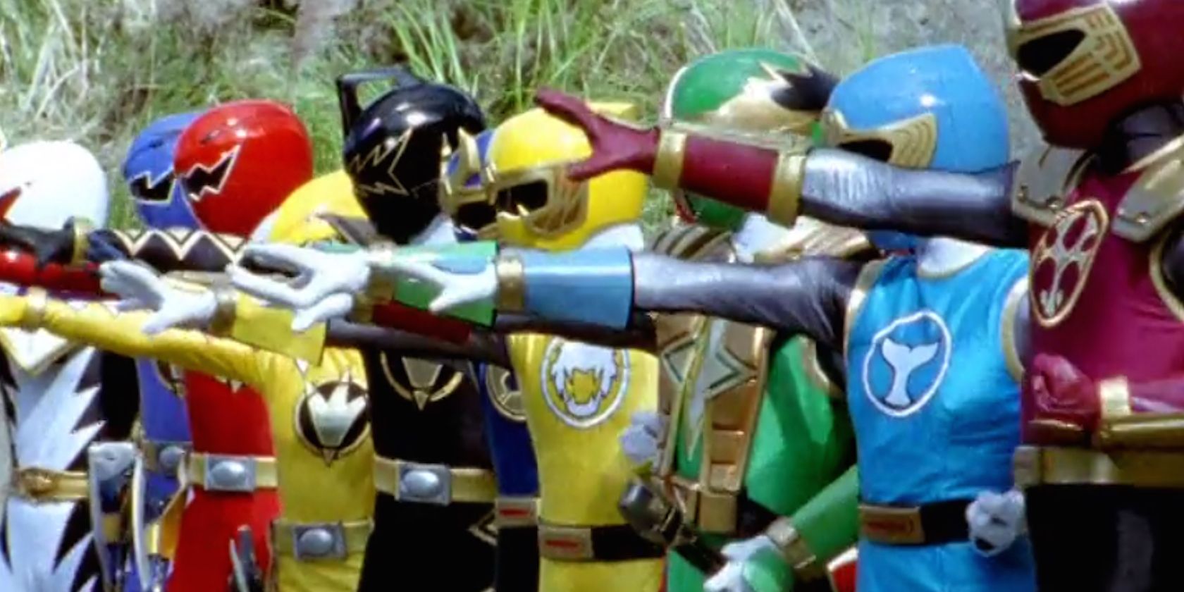  Dino Thunder and Ninja Storm Rangers morphing together in Thunder Storm
