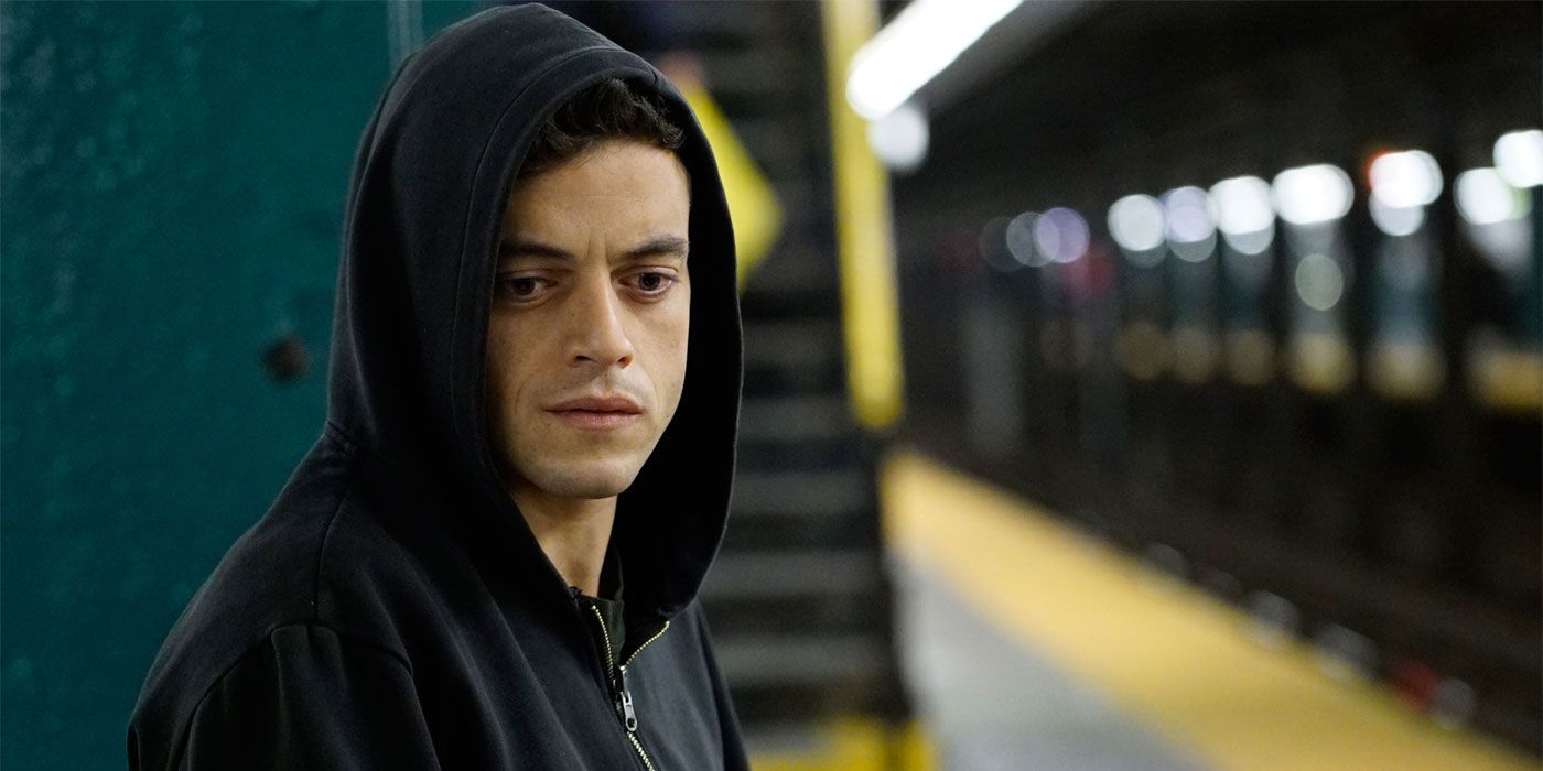 Rami Malek as Elliot in a subway station in Mr. Robot
