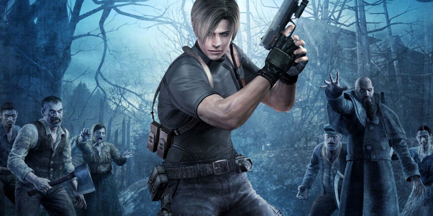 Leon S. Kennedy segurando uma arma enquanto zumbis o perseguem em Resident Evil 4.