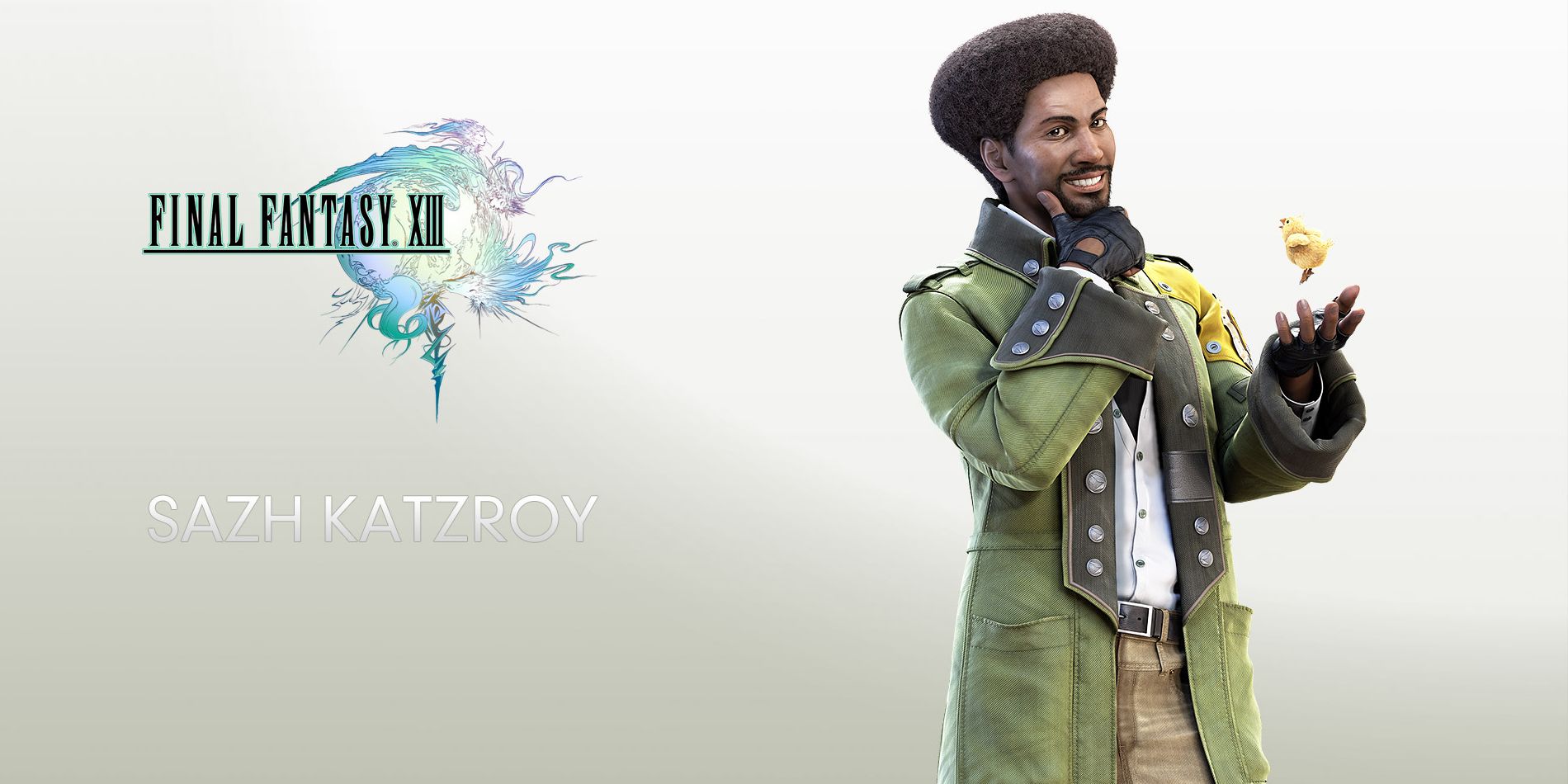 Sazh Final Fantasy XIII wallpaper image. Sazh is on right tossing a piece of paper in his hand with a cheeky smile, to his left is the game logo and his name on a gray background