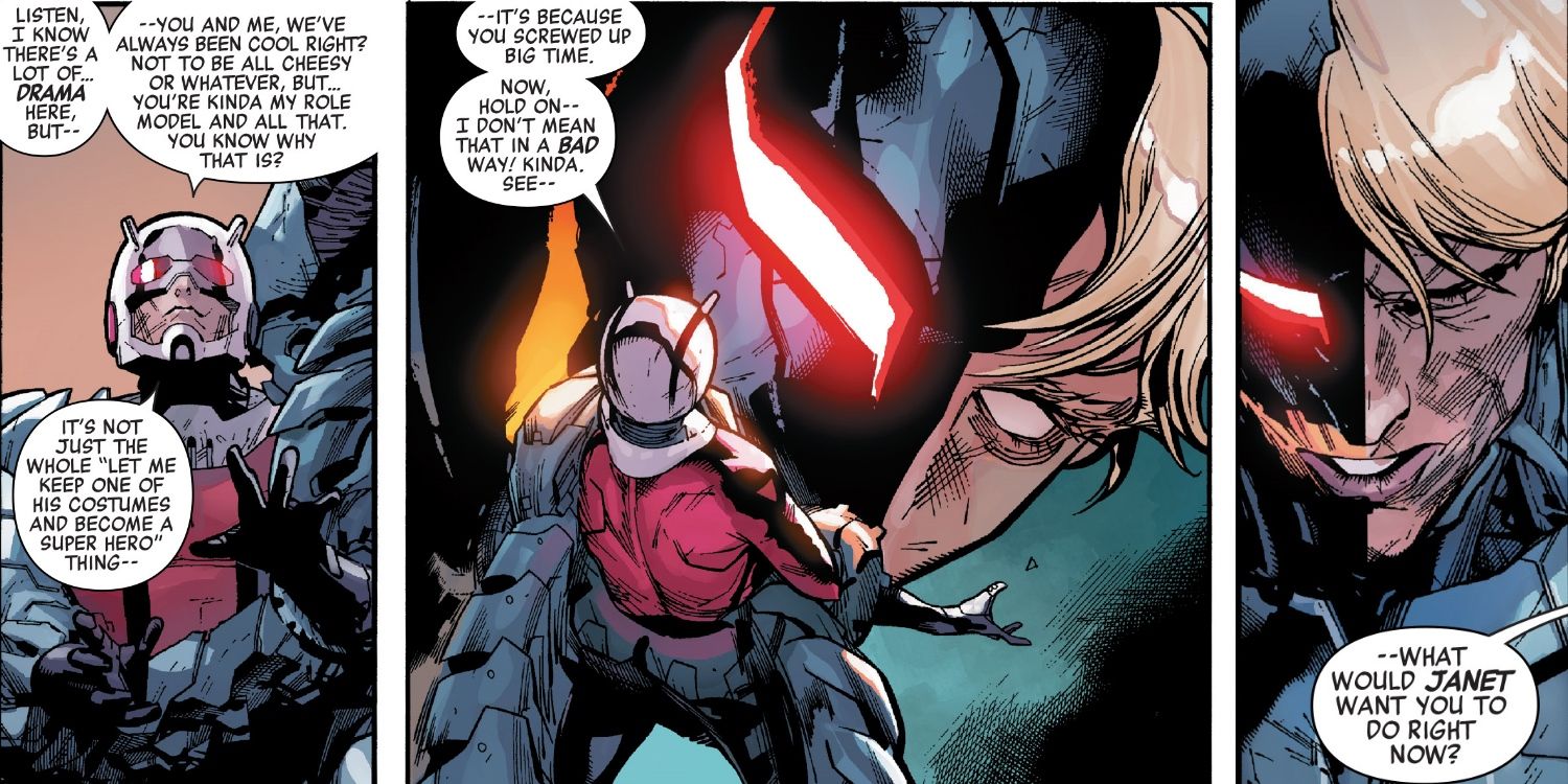 Hank Pym fused with Ultron confronts Scott Lang in Marvel Comics.