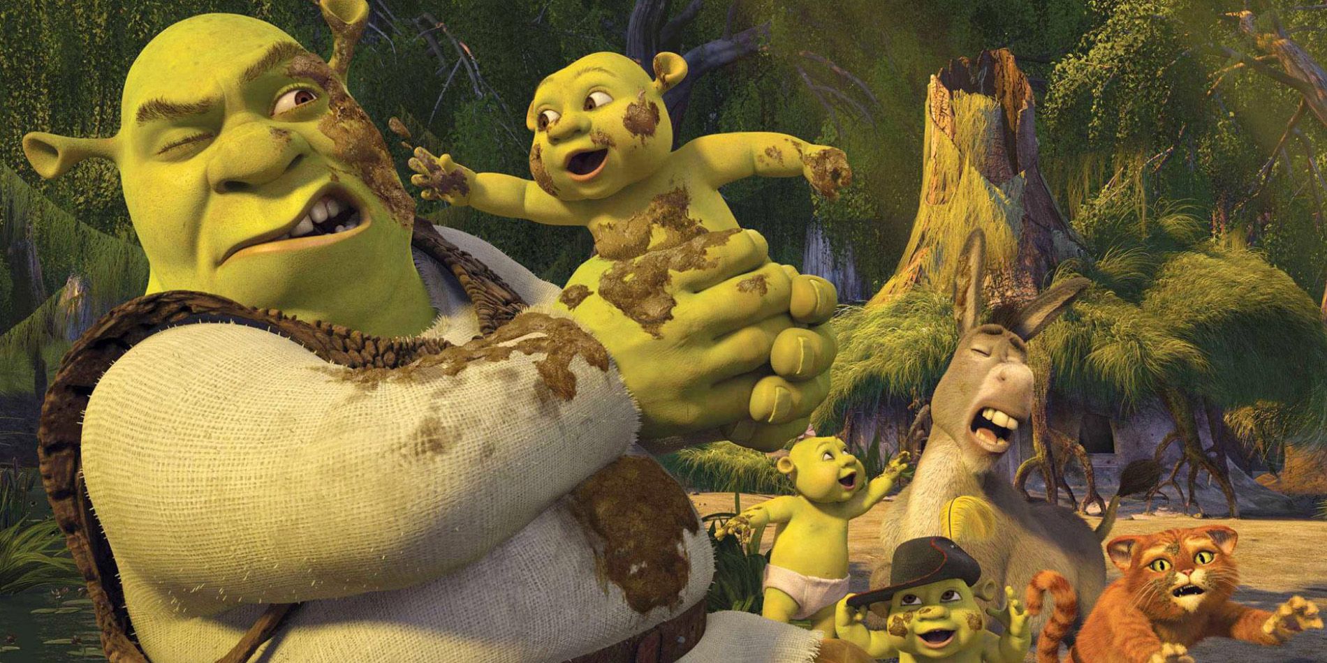 Shrek the third in a messy scene with a baby