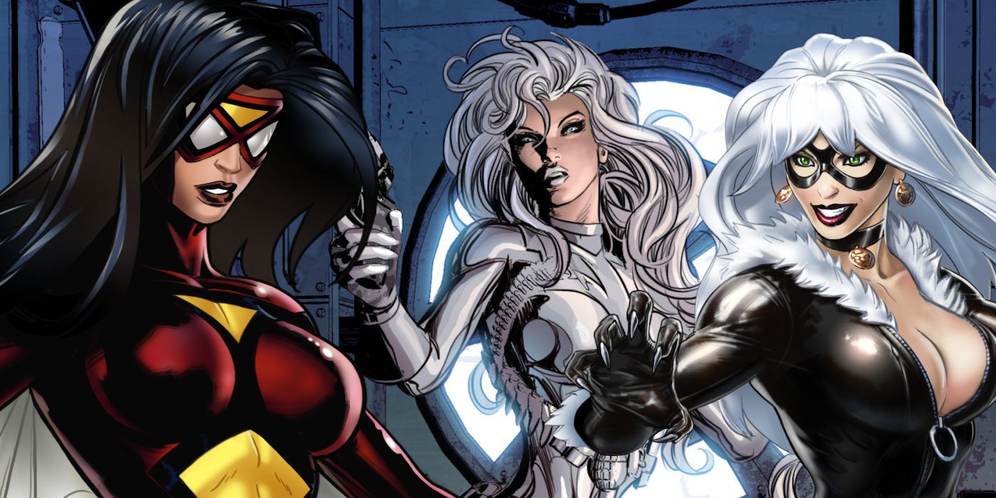 Spider-Woman, Silver Sable, and Black Cat meet in Marvel Comics.