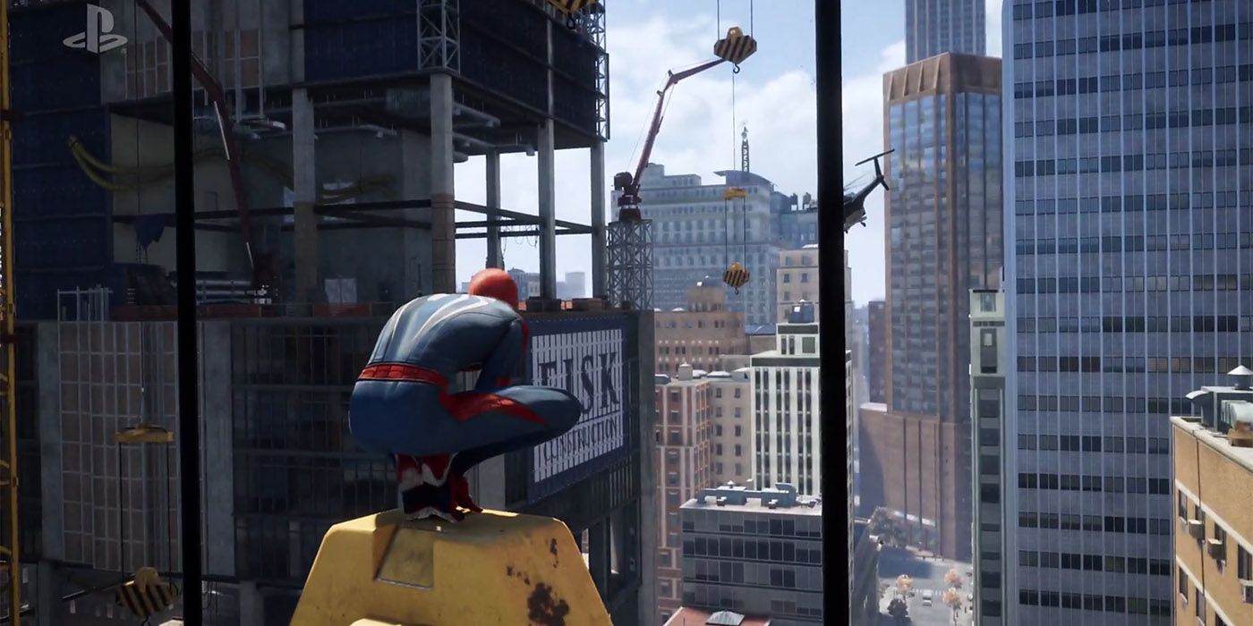 Spider-Man squats on a tower to look out over Manhattan