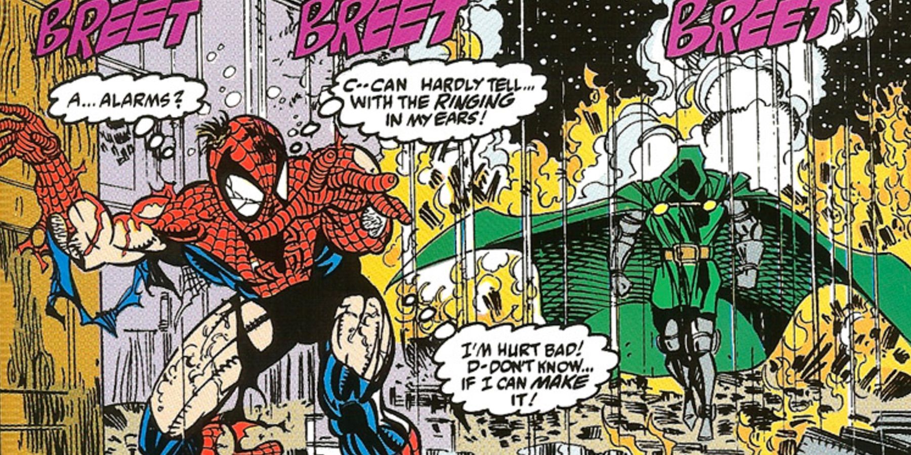 Spider-Man running from Doctor Doom in Marvel Comics