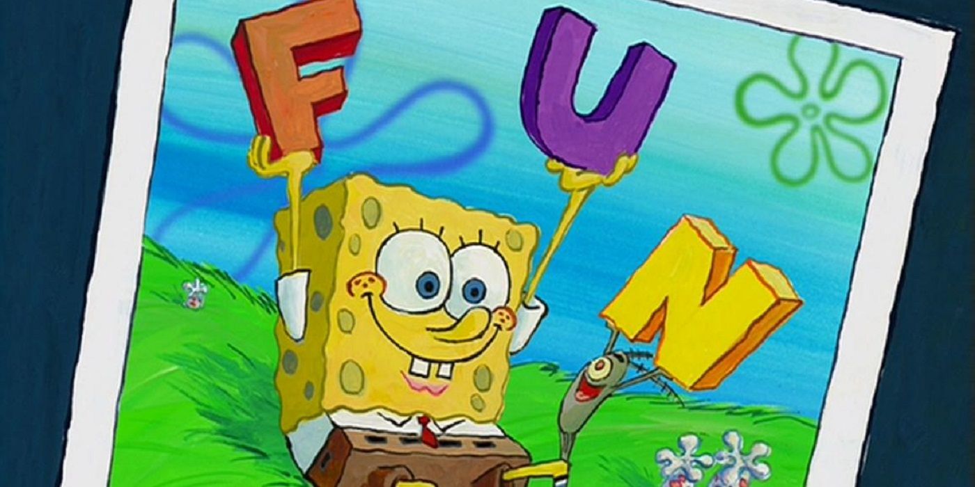 A photograph of SpongeBob and Plankton singing &quot;F.U.N.&quot; together