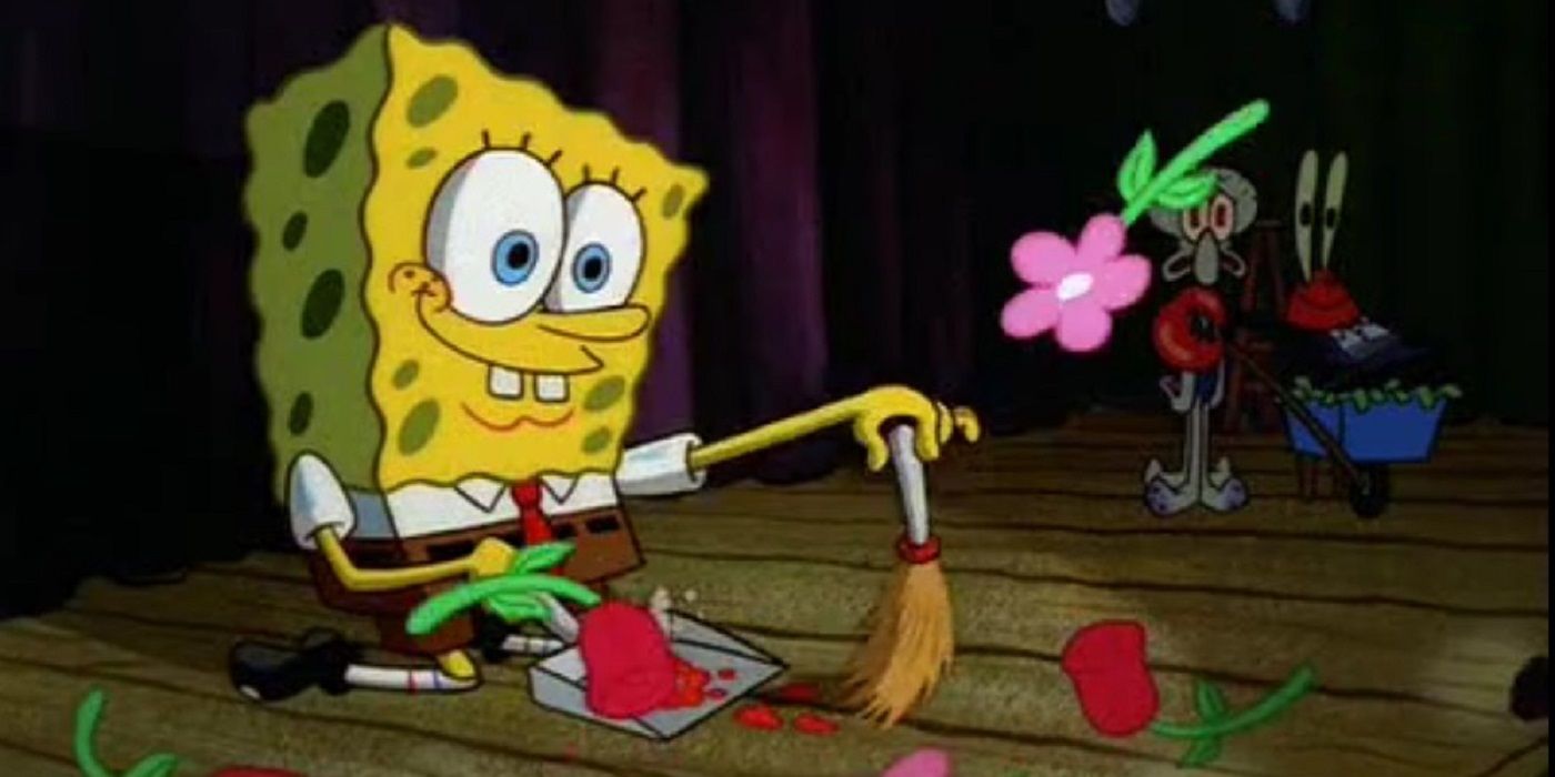 SpongeBob cleaning up the stage at the end of Culture Shock